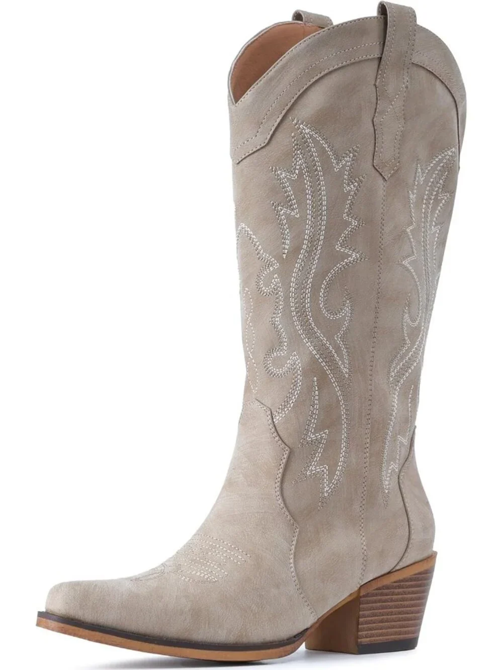 Women's Beige Rubber Mid Calf Embroidered Stitched Pointed Toe Chunky Heel Boots - Picture 3 of 5